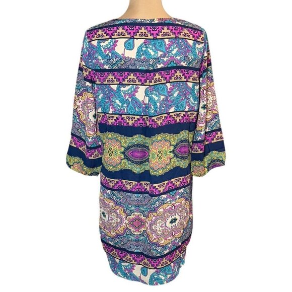 NWT Boho Printed Mini Dress Sz.L Shift Multi Embroidered 70s  Festival - Picture 3 of 11